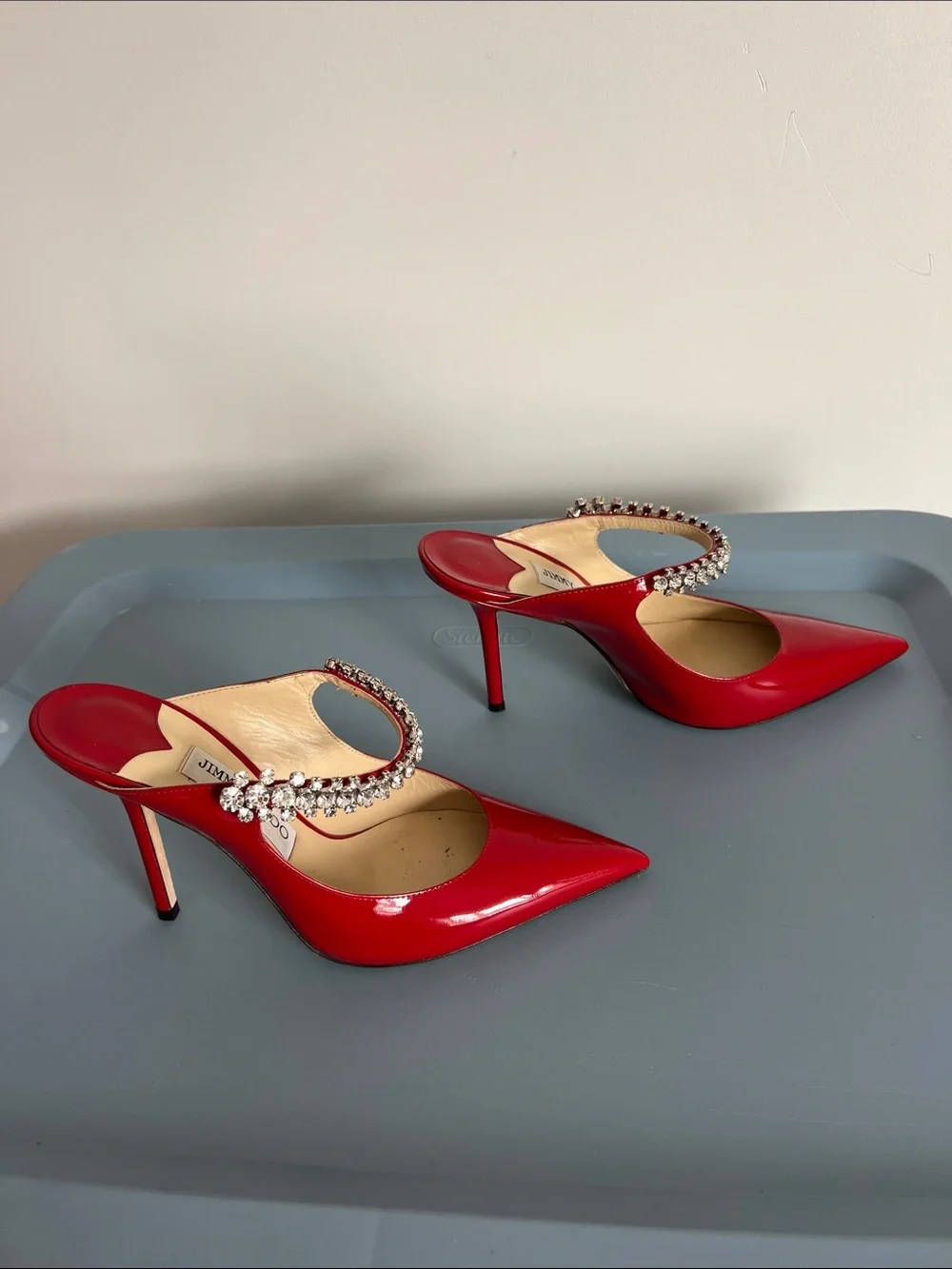 Jimmy Choo bing 100 red patent leather crystal embellished pointed toe pumps 37 - Picture 6 of 8